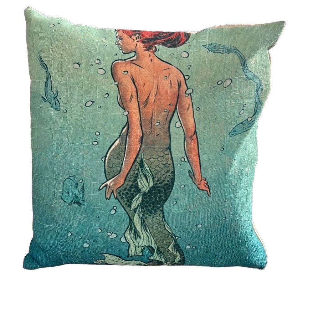 New Sexy Red Haired Naked Back Facing Mermaid Cushion Throw Pillow & Case Decor